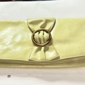 Hobo Chartreuse Leather Fold Over Clutch Gold Bow Accent Paisley Interior Party